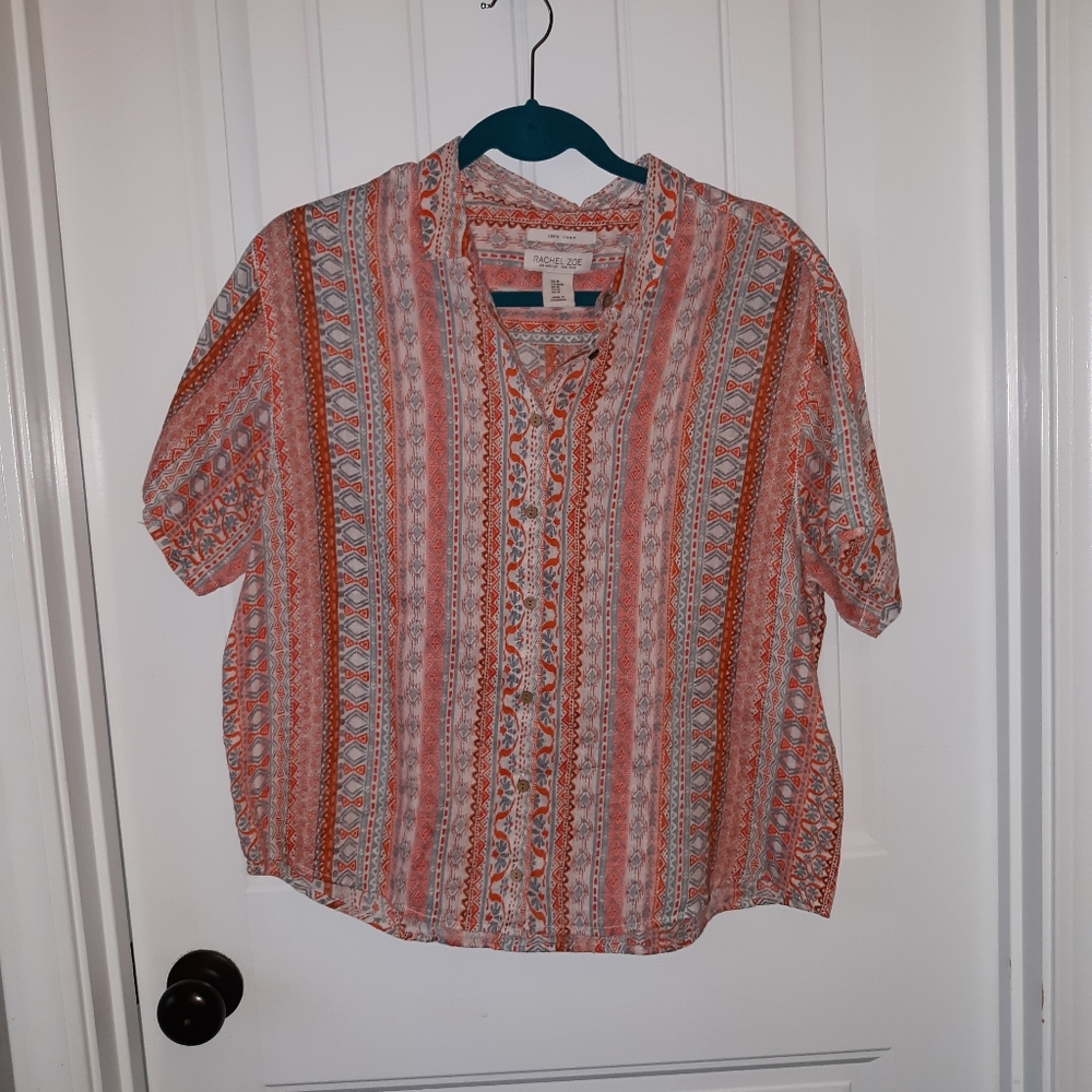 Rachel Zoe 100% Linen aztec/boho crop button up